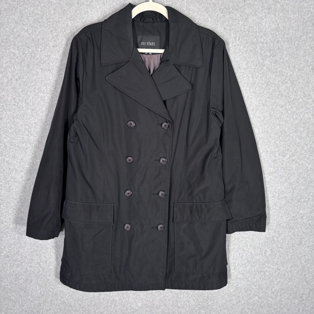 111 STATE Double Breasted Trench Coat Medium Black Utility Wind Water Resistant